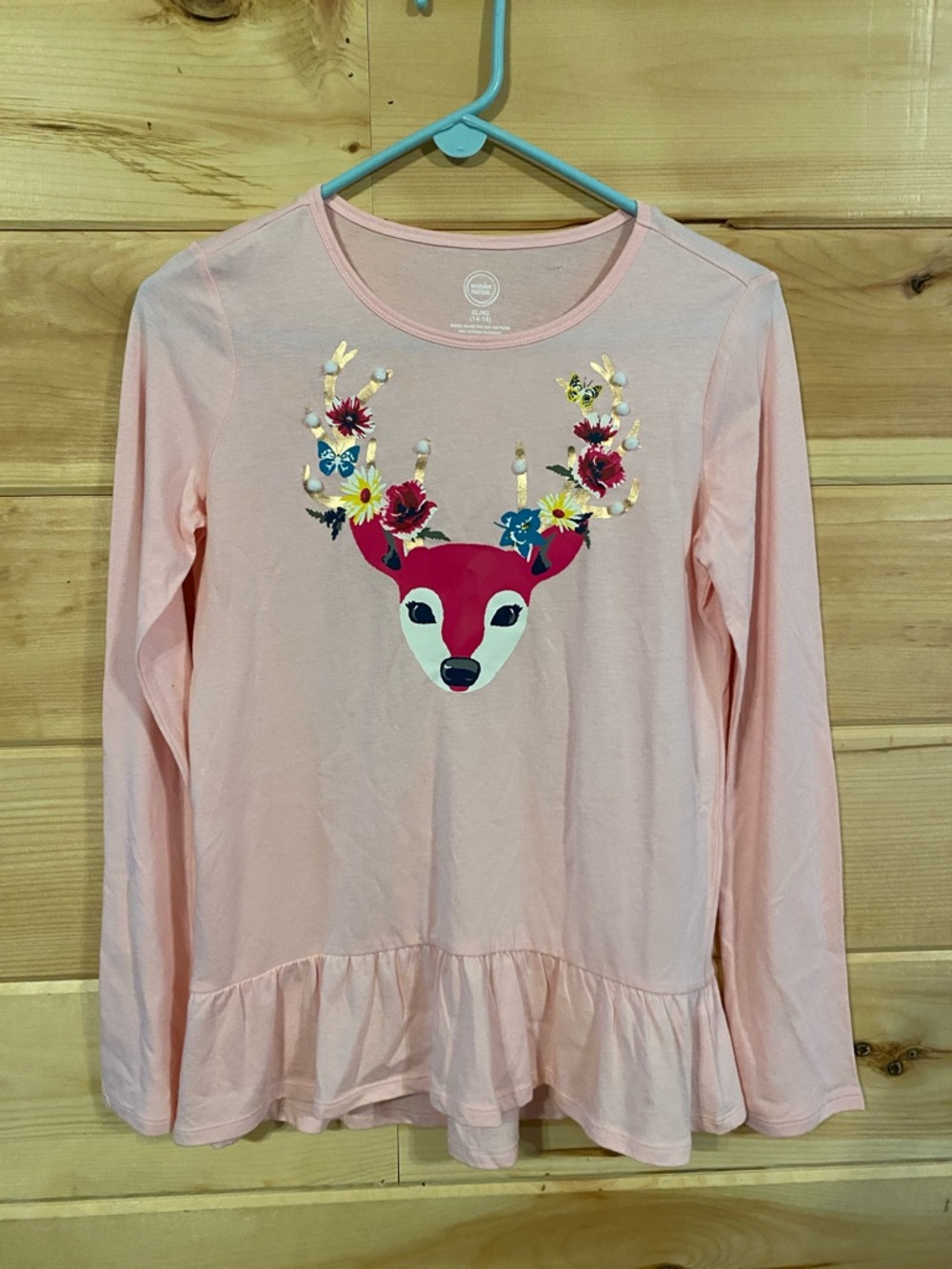 $9-wonder nation xl Pink Long-Sleeve Graphic Deer Top with Floral Antlers